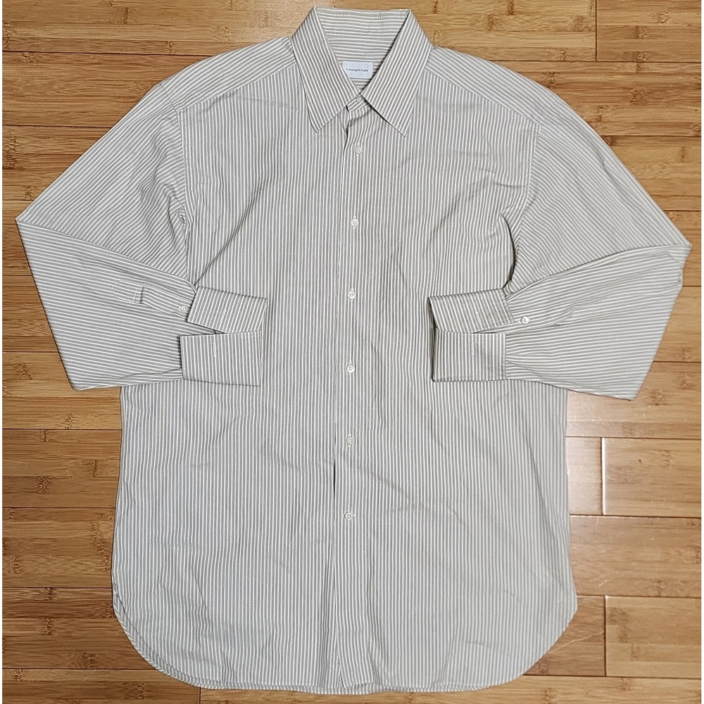 Ermenegildo Zegna Brown White Striped Long Sleeve Cotton Shirt 16-41 Comfort Fit